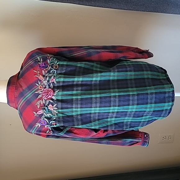 Patchwork plaid floral embroidered vintage 90s shirt size M - Picture 2 of 5